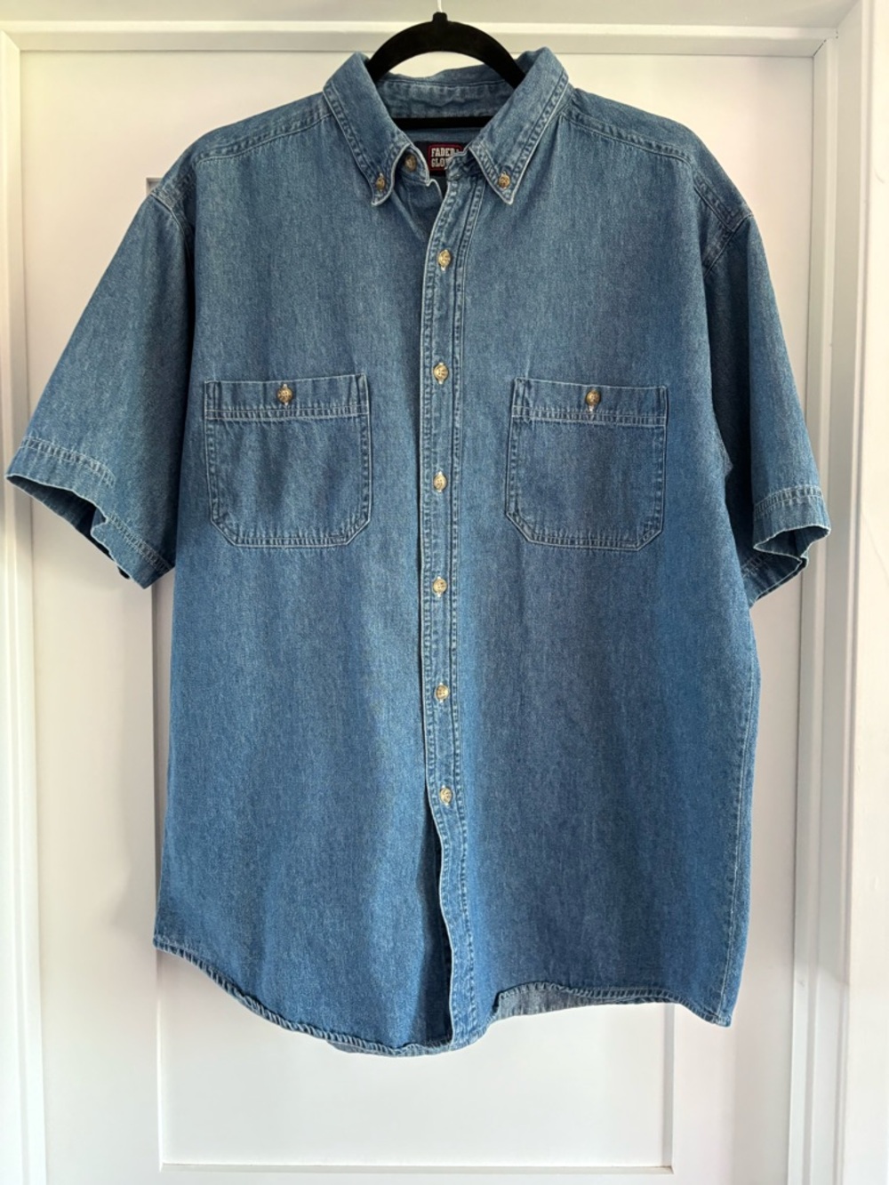Vintage 90s Faded Glory Denim Button Up Shirt Men's Size Large Blue Short Sleeve